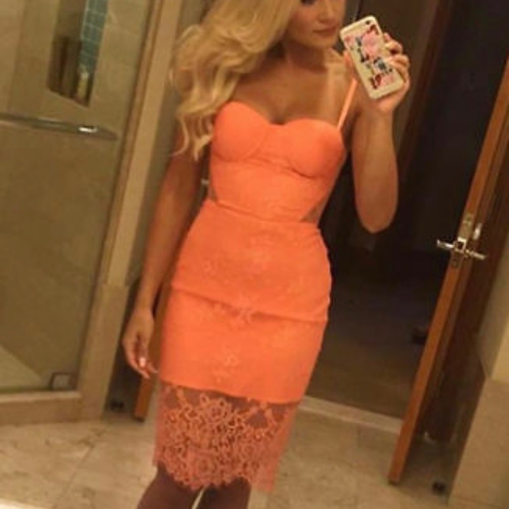 Coral Bustier Bebe Midi Lace Dress